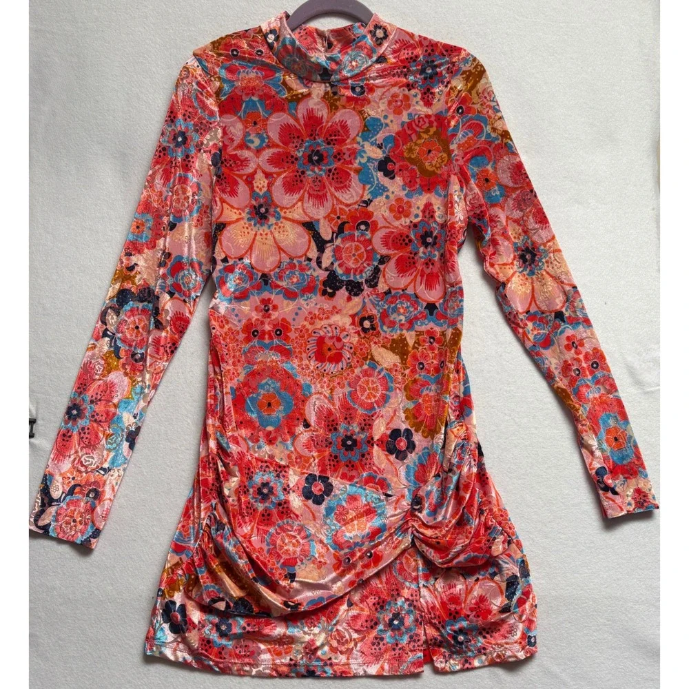 Free People Floral Velvet Mock Neck Open Back Mini Dress Pink Orange Blue Small